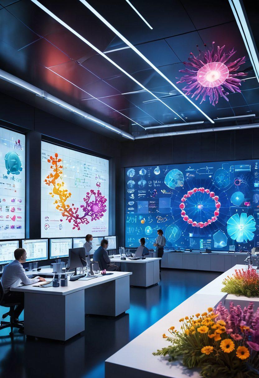 A futuristic laboratory showcasing diverse researchers collaborating over advanced technology and equipment in the background, with colorful charts and graphs highlighting cancer research breakthroughs. Include symbols of hope like a DNA strand illuminated by soft light and vibrant flowers representing advocacy and resilience. Super-realistic. Vibrant colors. 3D.