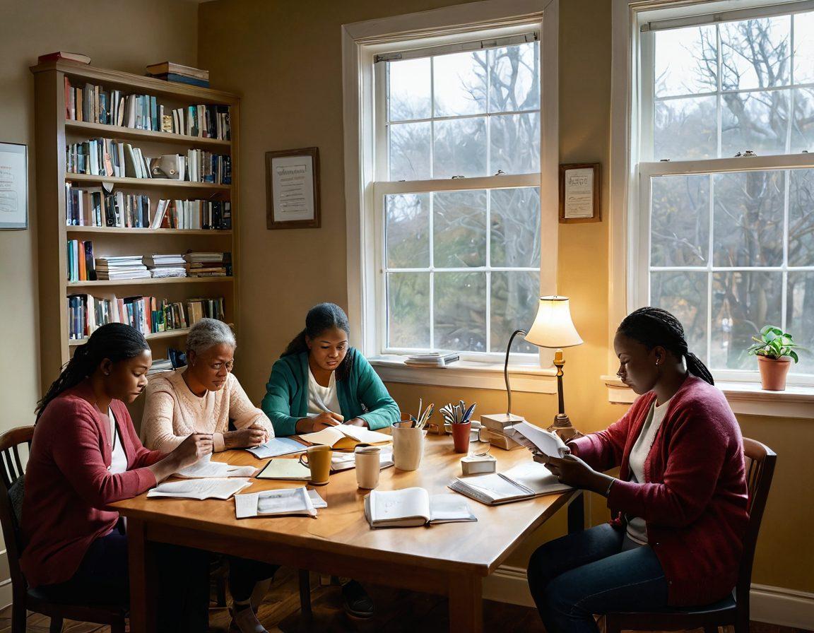 A warm, inviting scene depicting a diverse group of patients and caregivers sharing resources and support in a cozy room filled with books and pamphlets. A gentle light shines through a window, symbolizing hope, while a table is covered with helpful tools: laptops, tablets, and a steaming cup of tea. In the background, a colorful banner reads 'Connecting Beyond Diagnosis.' super-realistic. vibrant colors. cozy atmosphere.